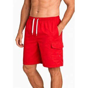 Men’s Red Swim Trunks Cargo Pocket Mesh Lined Quick Dry Beach Shorts, NEW